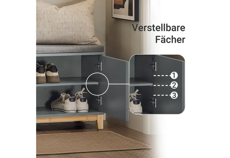 SoBuy Schuhbank FSR117, Schuhtruhe Sitzkommode Schuhregal mit sitzbank Sitzbank schmal, mit Sitzfläche Garderobenbank Sitzbank mit Stauraum Dielenbank, Grau, – Produktbild 3 von 5