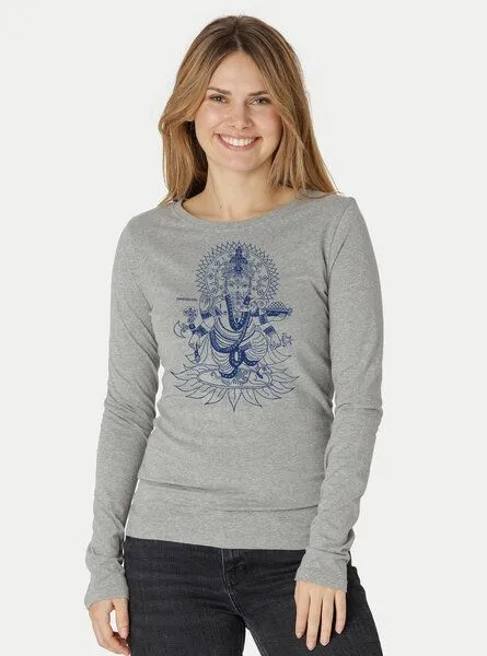 Peaces.bio - handbedruckte Biomode Peaces.bio - handbedruckte Biomode Bio-Damen-Langarmshirt Ganesha, Hellgrau, – Produktbild 1 von 2