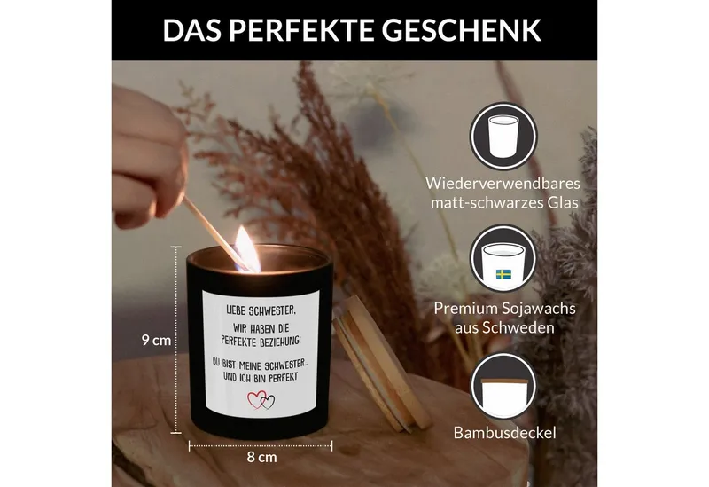 22Feels Duftkerze Deko Schwester Geschenk Bday Weihnachten Geschwister Frauen Mädchen, MADE IN GERMANY, Europäisches Sojawachs, Handgegossen, Schwarz, – Produktbild 4 von 5