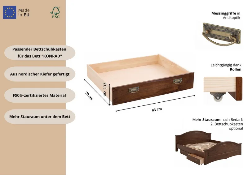 OTTO home Schubkasten Konrad, aus massivem Kiefernholz, FSC®-zertifiziert, mit Kunststoff-Rollen, Braun, – Produktbild 1 von 5