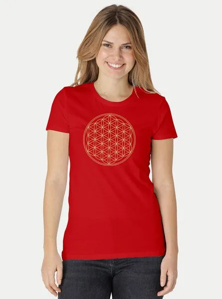 Peaces.bio - handbedruckte Biomode Peaces.bio - handbedruckte Biomode Bio-Damen-T-Shirt Die Blume des Lebens, Rot, – Produktbild 2 von 3