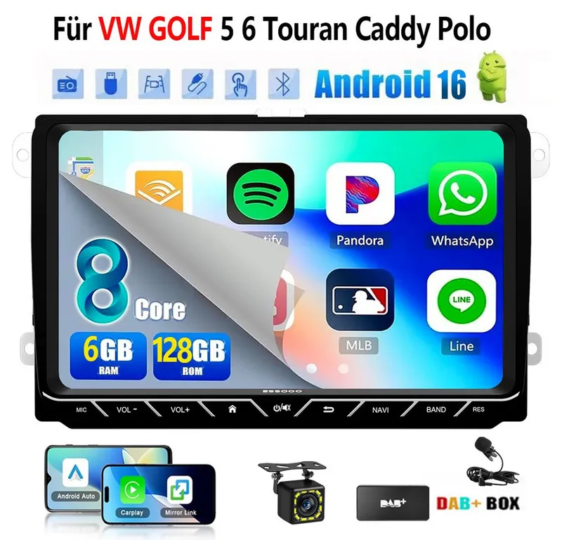 ESSGOO DAB+ Android16 6+128G Carplay GPS 4G Für VW GOLF 5 6 Touran Caddy Polo Autoradio (6GB+128GB, RDS, 4G LTE, FM, AM, DAB+ (optional), SWC, Carplay Android Auto Bluetooth EQ USB GPS Navi WIFI Touchscreen), Schwarz, – Produktbild 4 von 8