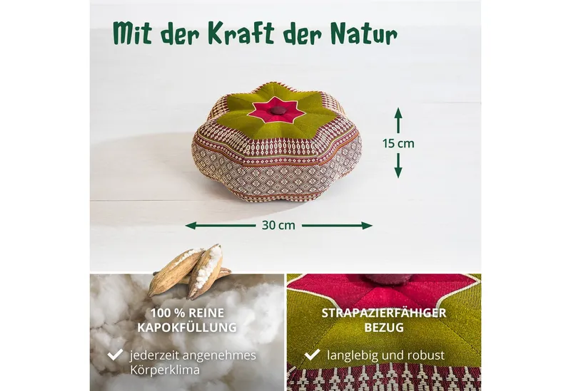 livasia Meditationskissen Zafukissen Stern klein, vegan und handgefertigt, 30x15cm, Kapok, Grün|rot, – Produktbild 4 von 5