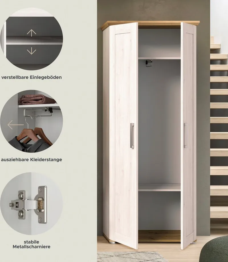 Home affaire Garderobenschrank COSENZA, Höhe 196 cm, 2 Türen, 2 Böden, 1 Kleiderstange Hochschrank, Stauraumschrank, Schrank, Flurschrank, Dielenschrank, Weiß, – Produktbild 3 von 5