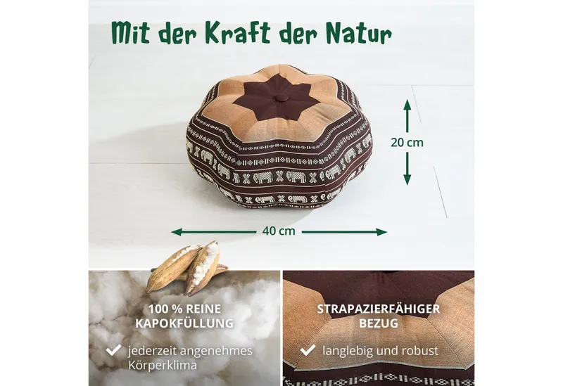 livasia Meditationskissen Zafukissen Stern groß, vegan und handgefertigt, Ø 40x20cm, Kapok, Braun, – Produktbild 4 von 5