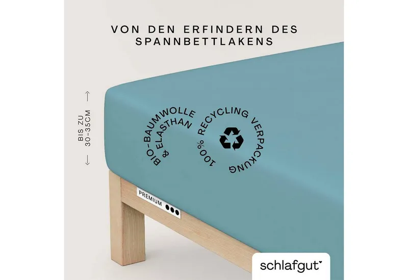 Schlafgut Schlafgut Spannbettlaken PREMIUM Mako-Zwirn-Jersey, 220 g/m², 95% Bio-Baumwolle, 5% Elasthan, Mako-Zwirn-Jersey, Gummizug: rundum, (1 Stück), Bettlaken bis 30 cm Höhe, PREMIUM-Qualität langlebig, perfekter Sitz, Blau, – Produktbild 2 von 5