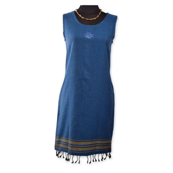 Africulture Africulture Kikoy Sommerkleid kurz, Strandkleid "Jua" mit Sonnen Stickmuster, made in Kenia, Navy, – Produktbild 1 von 4