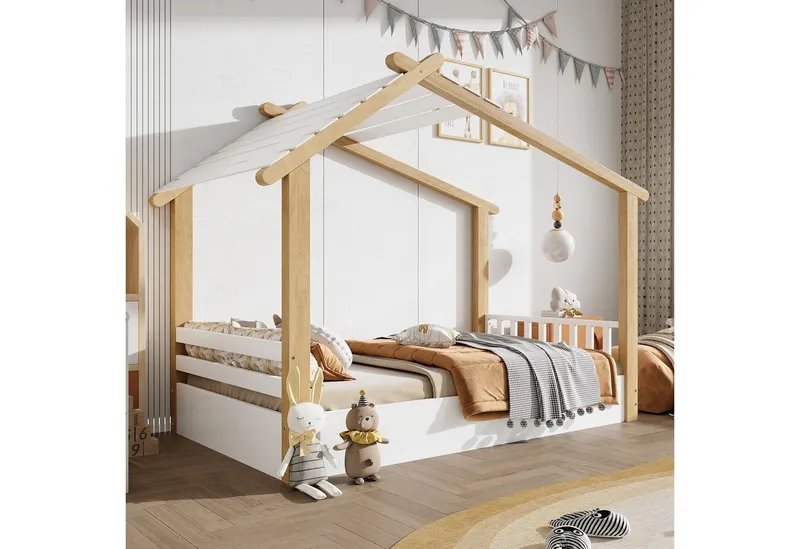 Merax Kinderbett 90x200cm im Holzhausdesign (1-tlg), Kieferholz Hausbett mit stabilem Lattenrost & schlichtem Design, Weiß, – Produktbild 2 von 5