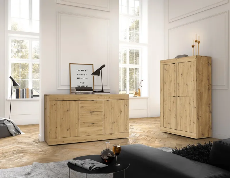 Home affaire Highboard Basic Höhe 162 cm, Breite 102 cm, Kommode 4 Türen, Hochkommode, Metallgriff, moderne Rahmenoptik, viel Stauraum, Farbauswahl, Beige, – Produktbild 1 von 5