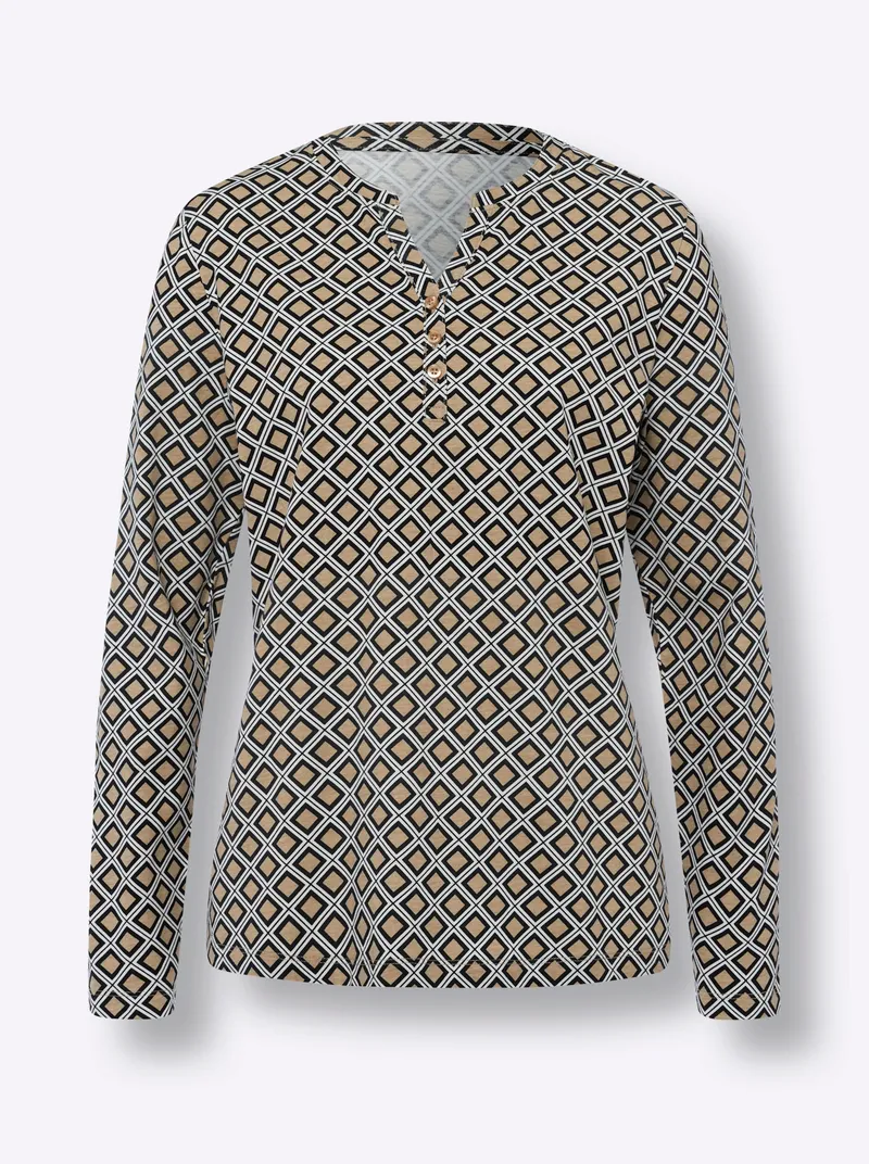 heine Langarmshirt schwarz-beige-bedruckt, Schwarz-beige-bedruckt, – Produktbild 1 von 2