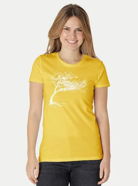 Peaces.bio - handbedruckte Biomode Peaces.bio - handbedruckte Biomode Bio-Damen-T-Shirt "Windy Tree", Gelb, – Produktbild 1 von 3