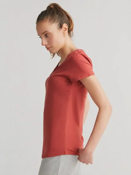 Leela Cotton Leela Cotton Damen Flammé V-Neck-Shirt Bio-Baumwolle, Terracotta, – Produktbild 3 von 3