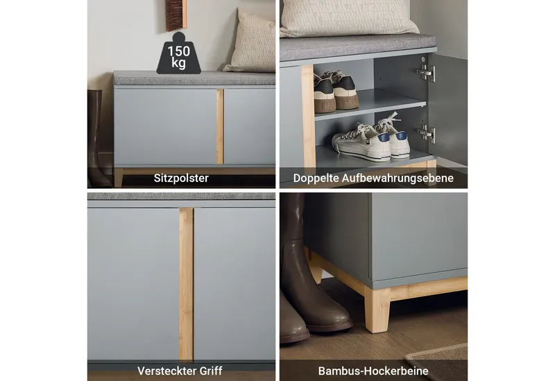SoBuy Schuhbank FSR117, Schuhtruhe Sitzkommode Schuhregal mit sitzbank Sitzbank schmal, mit Sitzfläche Garderobenbank Sitzbank mit Stauraum Dielenbank, Grau, – Produktbild 5 von 5