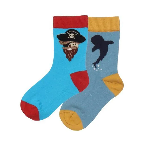 Walkiddy Baby Socken Bio-Baumwolle GOTS "Pirate Ships & Whales" dunkelblau – vegane, weiche Walkiddy Socken mit maritimem Motiv für empfindliche Babyfüße und nachhaltige Erstausstattung – Produktbild 1 von 2