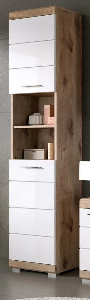 Inn.Furn Hochschrank Willow (Badschrank in weiß Hochglanz und Eiche Dekor, 2-türig, 37 x 191 cm) mit 6 Fächern, Weiß, – Produktbild 2 von 5