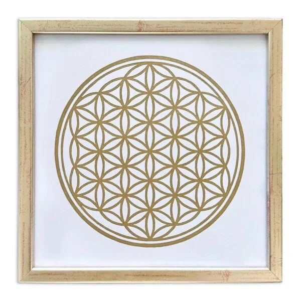 Veskor Cassiopeia Veskor Cassiopeia Gerahmt | BLUME DES LEBENS I Heilige Geometrie Linoldruck | 20 × 20 cm in 22 × 22 cm Rahmen | Gold auf Weiß, Gold, – Produktbild 1 von 3