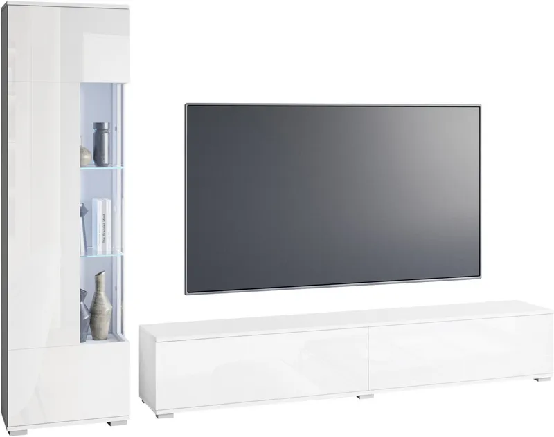 OTTO home Wohnwand Kenia, Vitrine Türanschlag links/rechts wechselbar, (Komplett-Set, 2-St), Vitrine mit Eckverglasung, hängend und stehend montierbar, Weiß, – Produktbild 3 von 5