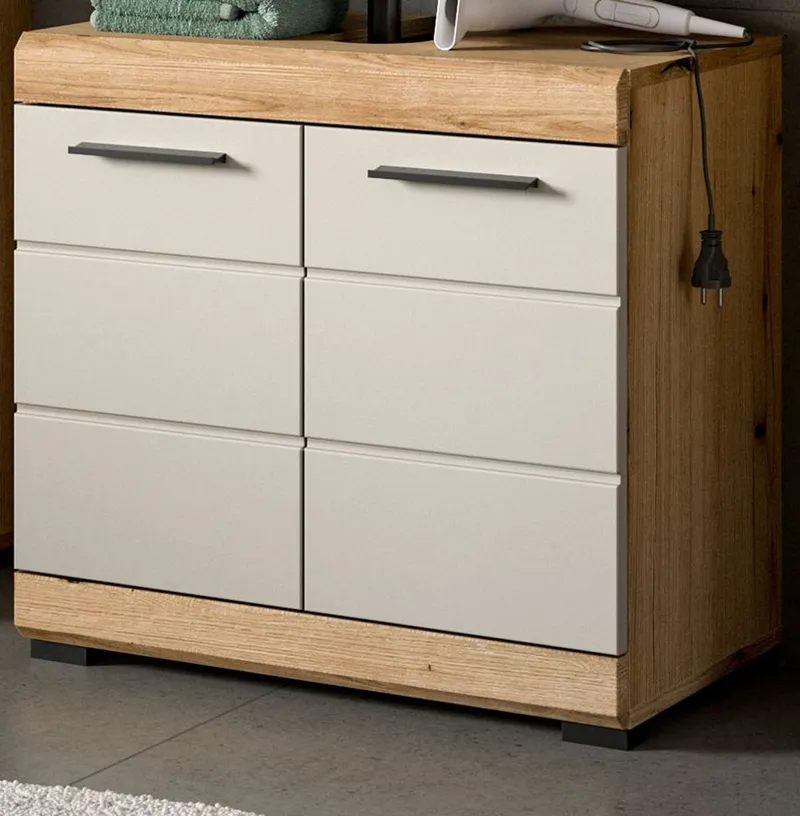 Inn.Furn Waschbeckenunterschrank Shawn (Badschrank in Eiche und Sand / Kaschmir, 2-türig, 60 x 56 cm) mit viel Stauraum, Beige, – Produktbild 2 von 5