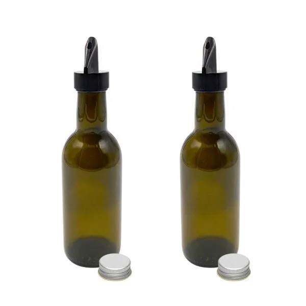 mikken mikken 2 Ölflaschen 250 ml mit Ausgießer braune / grüne Glasflasche mit Dosierer + Schraubdeckel und 2 Etiketten – Produktbild 1 von 1