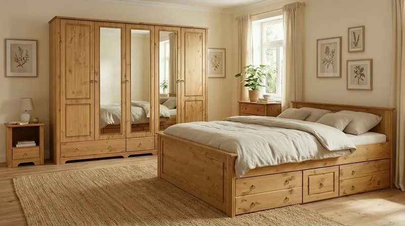 OTTO home Kleiderschrank Hugo (3 Breiten: 106/200/245 cm H/T ca. 190/58 cm) aus massiver Kiefer im Landhausstil, mit Spiegel, Beige, – Produktbild 6 von 8