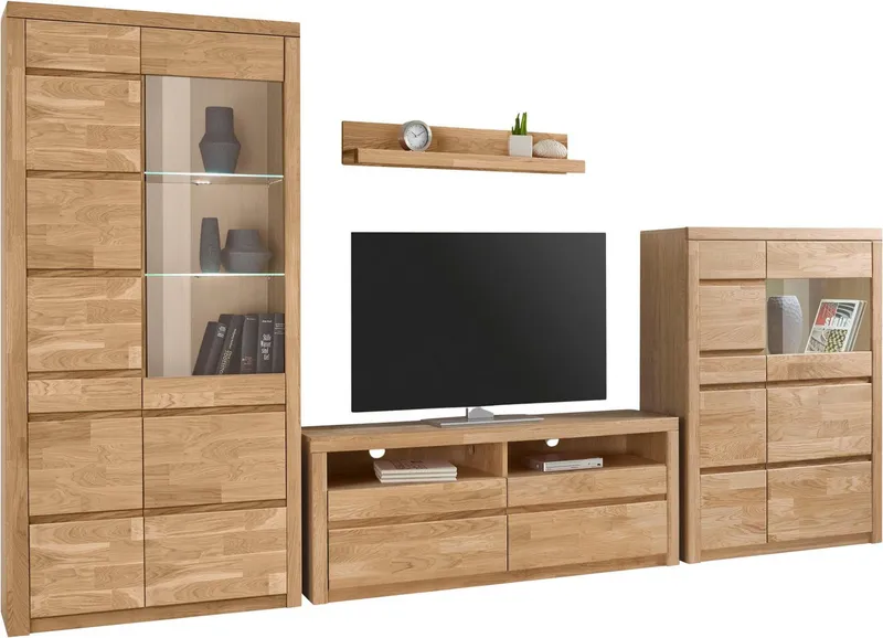 OTTO home Wohnwand Silkeborg: 4-teilig, Breite: 320cm, Griffmulden, Fronten Massivholz, (Set, 4-St), Set besteht aus 1 Vitrine, 1 Lowboard, 1 Sideboard und 1 Wandregal, Braun, – Produktbild 1 von 5