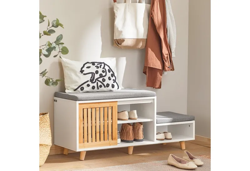 SoBuy Schuhbank FSR125, mit 2 Sitzflächen und 1 Schiebetür Sitzbank mit Stauraum, Weiß, – Produktbild 3 von 4