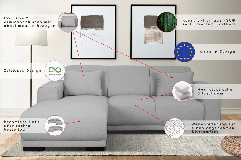OTTO home Ecksofa BORNHOLM L-Form, B: 234 cm - OTTO. Verlässliche Qualität., Recamiere links oder rechts bestellbar, Wellenfederung, inkl. 2 Kissen, Grau, – Produktbild 3 von 8