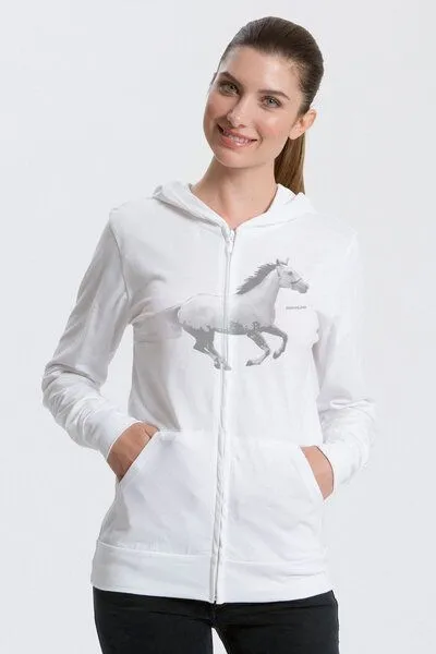 Peaces.bio - handbedruckte Biomode Peaces.bio - handbedruckte Biomode Bio-Jersey-Zip-Hoodie Horsepower, Weiss, – Produktbild 1 von 1