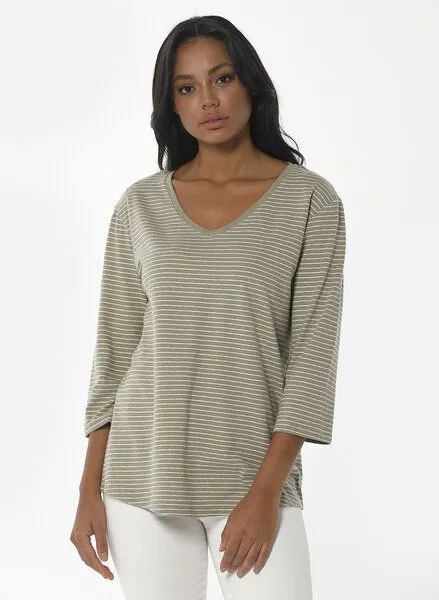 ORGANICATION ORGANICATION Gestreiftes 3/4-Arm Shirt aus Bio-Baumwolle und Leinen, Grün(olive), – Produktbild 1 von 4
