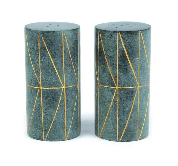 El Puente El Puente Salz- und Pfefferstreuer "Triangle", 2er-Set | Fair Trade & Handmade aus Indien, Grau,gold, – Produktbild 1 von 3
