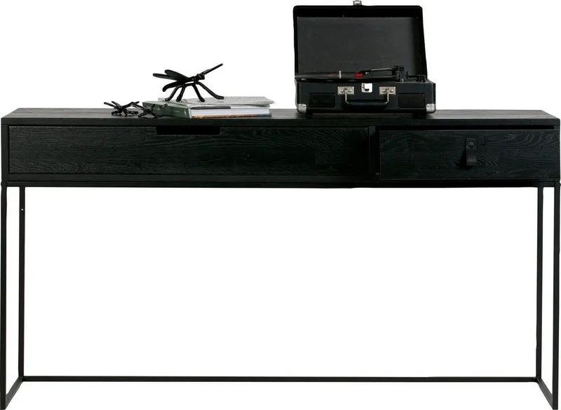 WOOOD Konsolentisch Silas FSC®-Eschenholz gebürstet Metallgestell, H 74 x B 140 x T 40 cm, Mit Griffaussparung und Ledergriff, sichtbare Maserung, pfleigleicht, Schwarz, – Produktbild 1 von 5