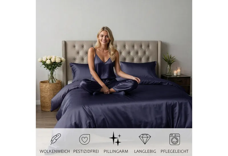 Cozyor Bettwäsche Satin glänzend 135x200, 155x200, 155x220, 200x200cm mit Reißverschluss, Satin, dunkelblau Ocean, 2 teilig, Edel und hochwertig, Blau, – Produktbild 4 von 5