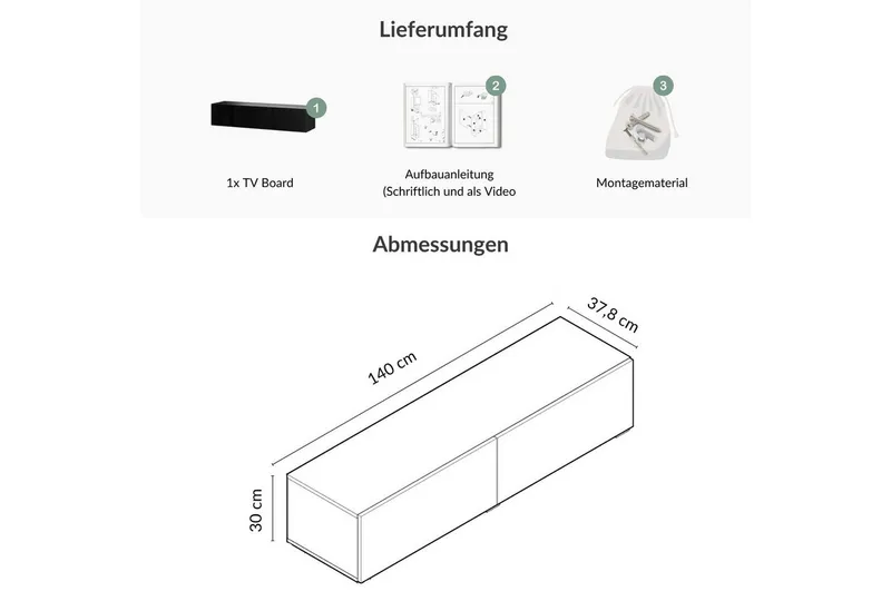 Planetmöbel TV-Schrank West TV-Board, Fernsehtisch 140 cm lang, TV-Lowboard (für Fernseher bis 65 Zoll, TV Schrank viel Stauraum, sideboard hängend, Fernsehschrank 140 x 30 x 37,5 cm) schwarz, Schwarz, – Produktbild 4 von 4