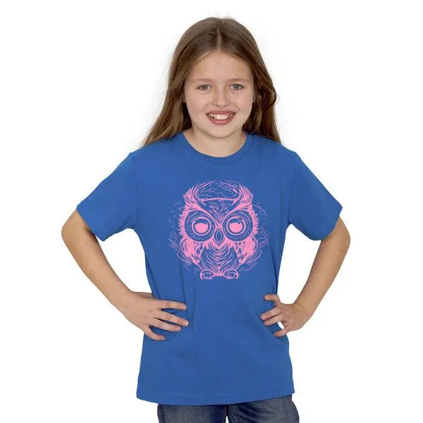 HANDGEDRUCKT HANDGEDRUCKT "Eule" Kinder-T-Shirt reine Biobaumwolle (kbA), Brightblue, – Produktbild 1 von 3