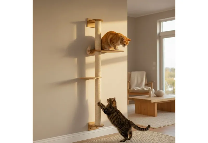 eyepower Kratzbaum zur Wandmontage-130 cm Wandkratzbaum für Katzen mit 2 Bambus Plateaus, Sistammstamm Wand - Katzenkratzbaum platzsparend - Kletterwand Katze, Beige, – Produktbild 2 von 5