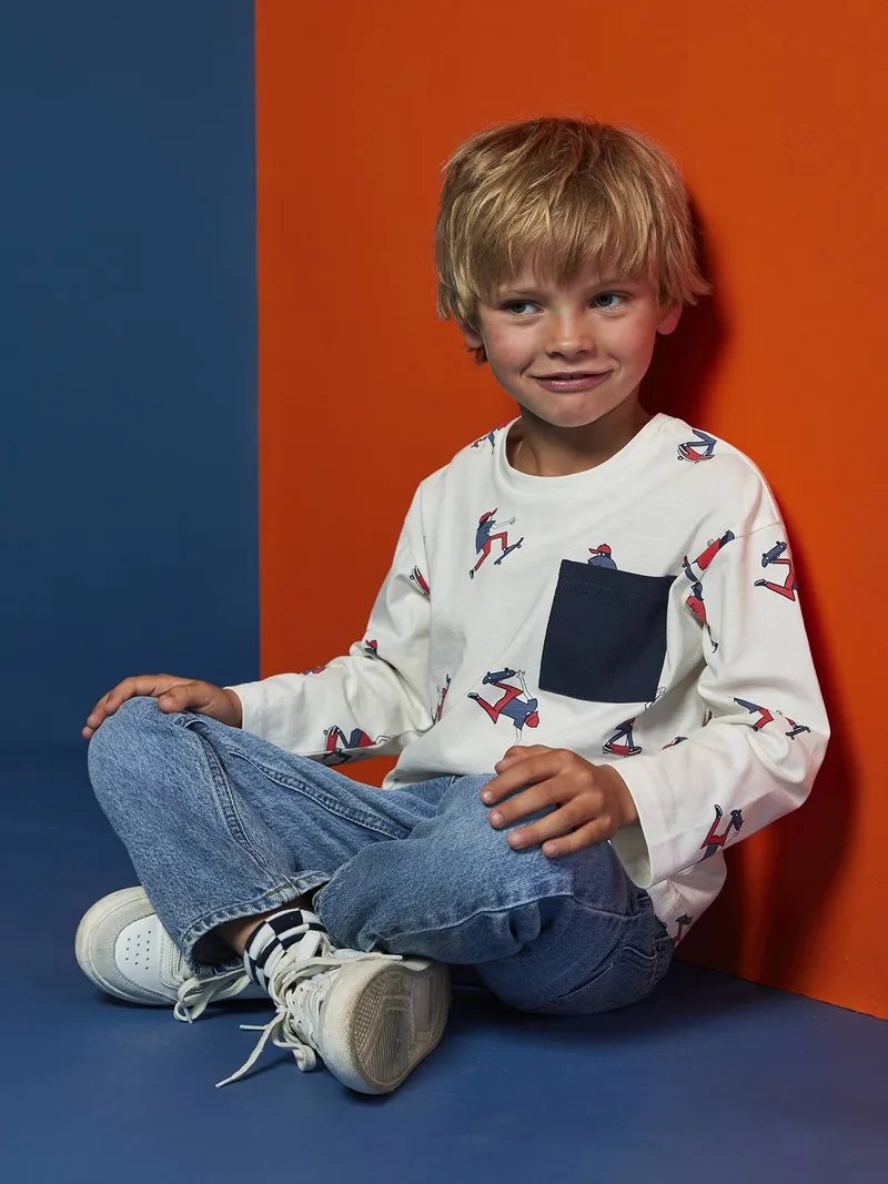 Vertbaudet Jungen Shirt Skater, Weiß bedruckt, – Produktbild 1 von 4