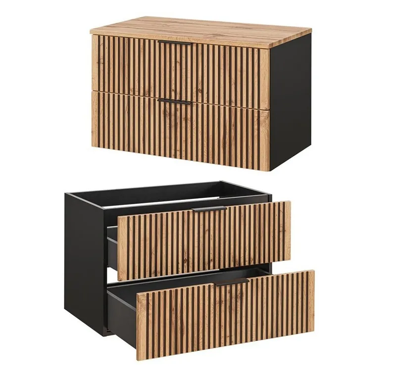 Lomadox Badmöbel-Set XANTEN-56, (Spar-Set, 6-St), anthrazit, Wotan Eiche Nb schwarz gerillt, Waschtisch 81 cm, Schränke, Braun|grau, – Produktbild 3 von 5