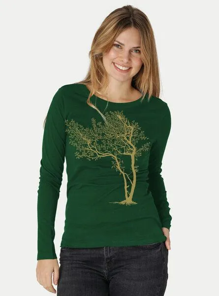 Peaces.bio - handbedruckte Biomode Peaces.bio - handbedruckte Biomode Bio-Damen-Langarmshirt "Fancy Tree", Flaschengrün, – Produktbild 3 von 3