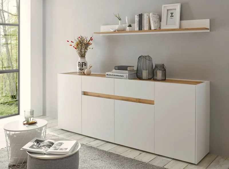 Furn.Design Sideboard Center (Anrichte in weiß mit Wotan Eiche, 220 x 87 cm), 4-türig 2 Schubladen, Weiß, – Produktbild 4 von 5