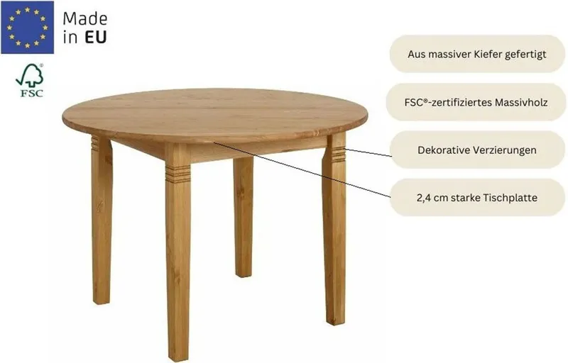 OTTO home Esstisch Danuta, Tisch, Speisetisch, aus massiver Kiefer, runde Ausführung, Beige, – Produktbild 4 von 5