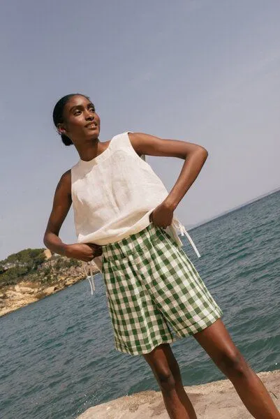 AmourLinen AmourLinen Leinen-Shorts MIA, Grünes gingham, – Produktbild 1 von 4