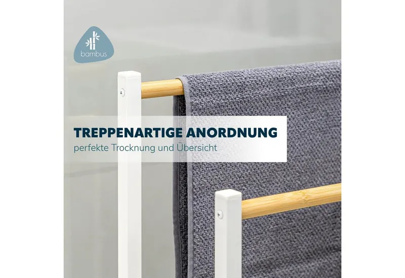 eluno Handtuchständer Badetuchhalter freistehend, mit 2 Bambus-Stangen, 4 Haken, Weiß, – Produktbild 5 von 5
