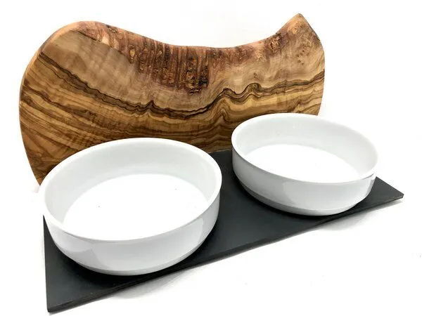 Olivenholz erleben Olivenholz erleben Futterstation MOUNTAIN mit 2 Porzellanschalen in 2 Größen – Produktbild 1 von 6