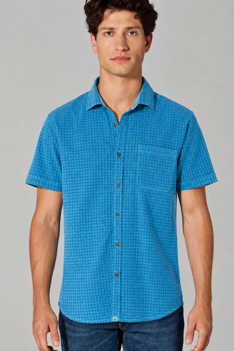 HempAge Hempage Herren vegan Kurzarmhemd Mit Karomuster In Topas, Blau, – Produktbild 2 von 2