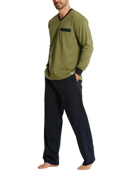 Haasis Bodywear Haasis Bodywear Herren Pyjama V-Ausschnitt, Bio Baumwolle, Navy/olive, – Produktbild 4 von 4