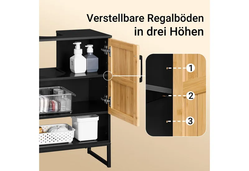 SoBuy Waschbeckenunterschrank BZR202 Waschbeckenunterschrank 60 cm breit, Badezimmerschrank, Unterschrank, Schwarz, – Produktbild 4 von 5