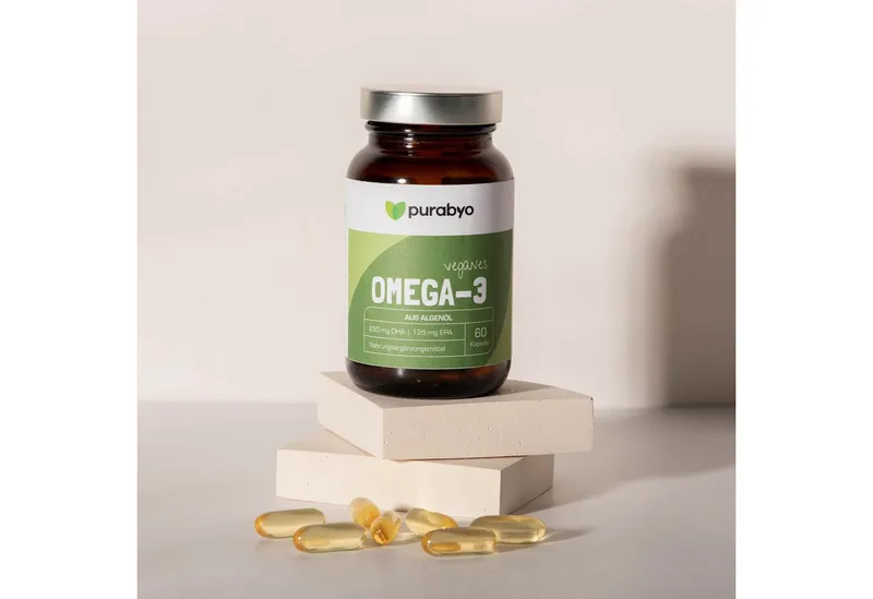 Purabyo Omega-3 Algenöl Kapseln, vegan, 250 mg DHA,+125 mg EPA, im Glas Kapseln, 60 St., 71 g – Produktbild 2 von 5