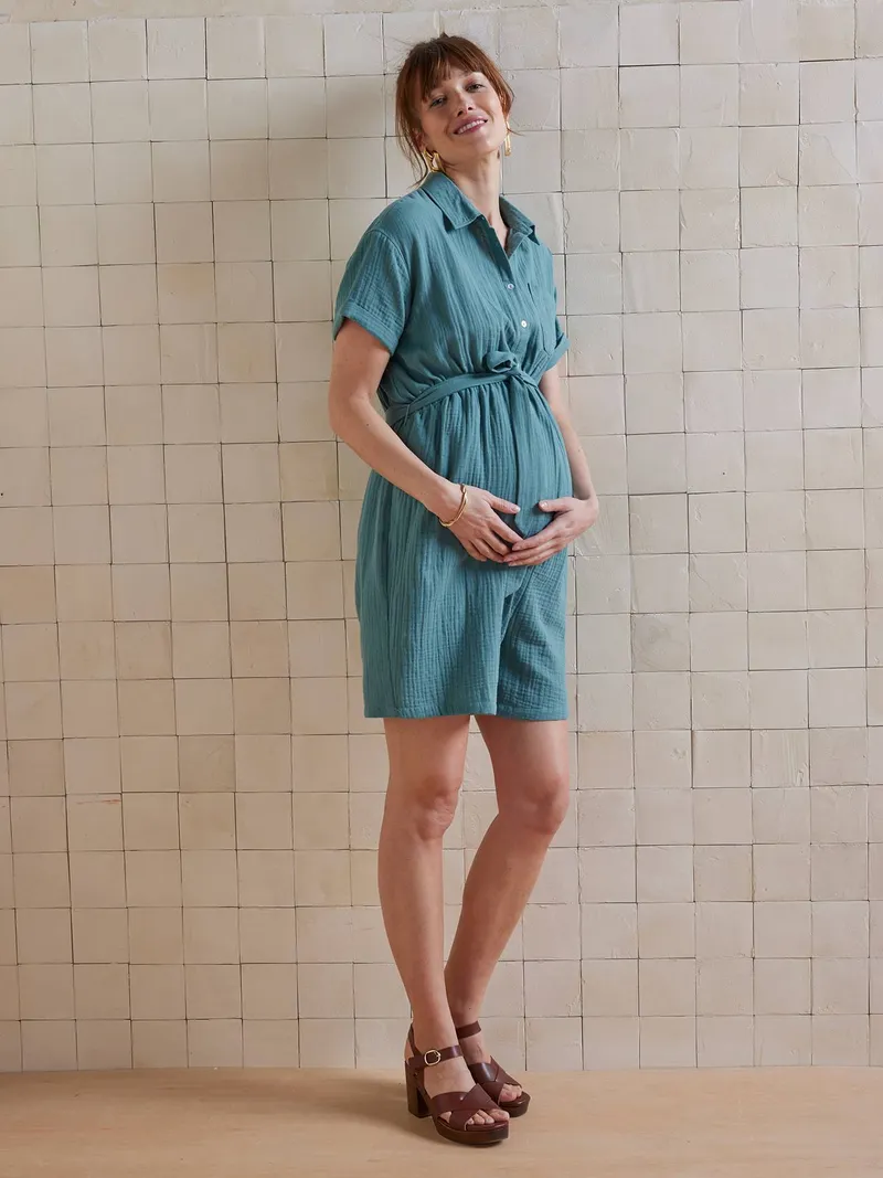 Vertbaudet Kurzer Jumpsuit für Schwangerschaft und Stillzeit aus Musselin, Smaragdgrün, – Produktbild 2 von 4