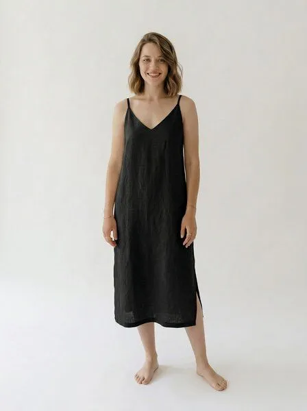 gust. gust. Leinenkleid mit V-Ausschnitt - Linen dress with V-neckline - 100% Bio-Leinen, Black (schwarz), – Produktbild 1 von 2