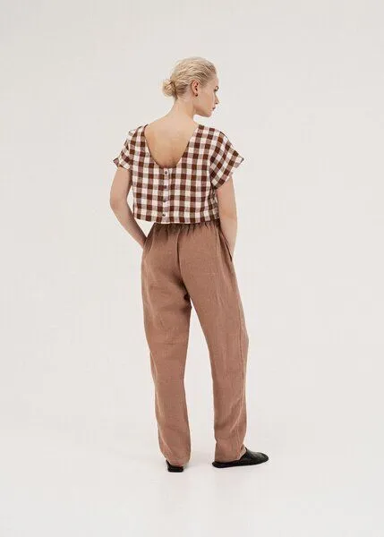AmourLinen AmourLinen Leinen-Crop-Top mit Knöpfen LISA, Mokka-gingham, – Produktbild 3 von 4